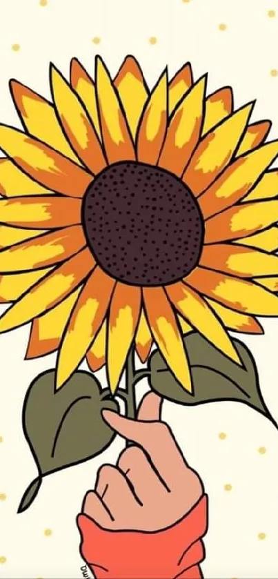 Hand holding a sunflower illustration in vibrant colors.