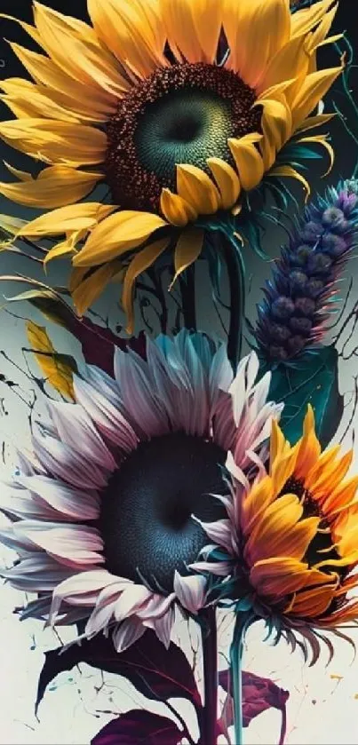 Vibrant digital art of sunflowers on a sleek background.