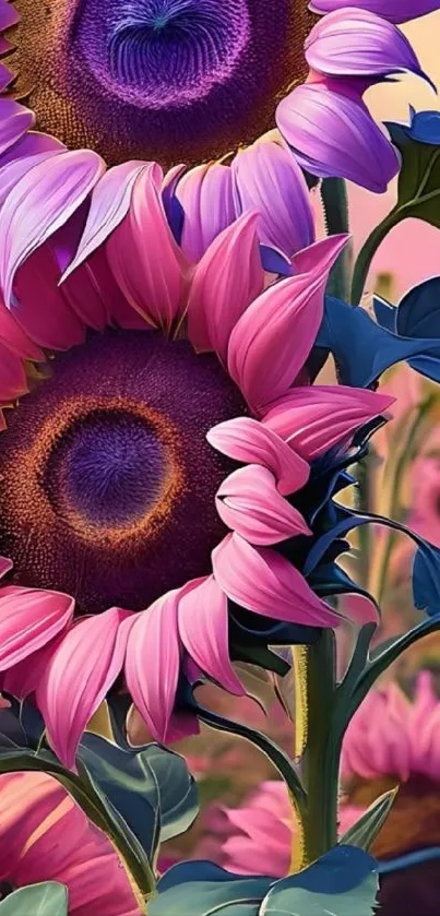 Artistic pink and purple sunflowers in a vibrant mobile wallpaper.
