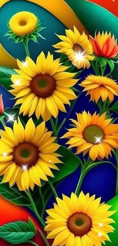 Vibrant sunflower art with bright colors and leafy greens.