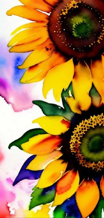 Vibrant watercolor painting of sunflowers with colorful background.