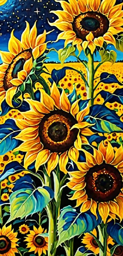 A vibrant wallpaper of sunflowers under a starry night sky, bursting with color.