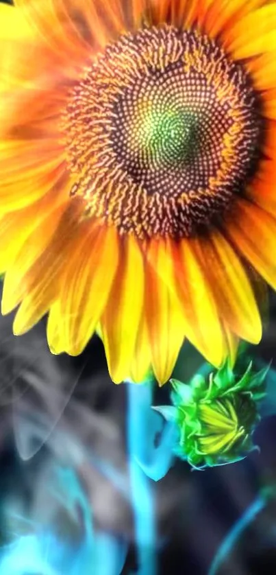 Vibrant yellow sunflower art with an abstract blue and black background.