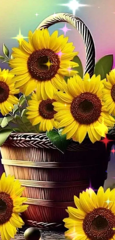 Sunflowers in basket with colorful background.