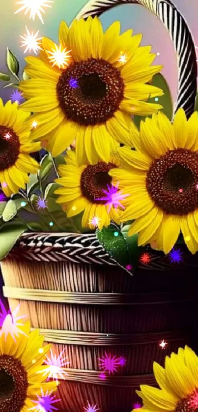 Sunflower basket wallpaper with yellow petals and colorful glitter accents.