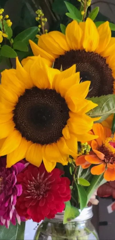 Bright and colorful sunflower bouquet in a vase.