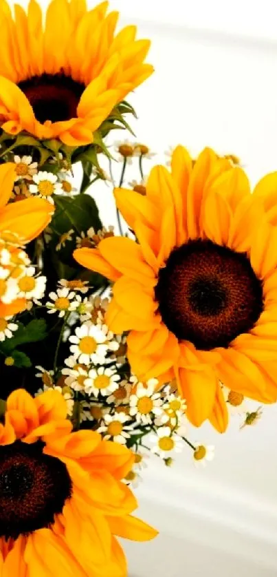 Mobile wallpaper with bright yellow sunflowers and delicate white flowers.