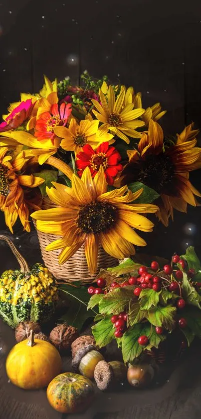 Vibrant sunflower bouquet with pumpkins and berries on a dark background.