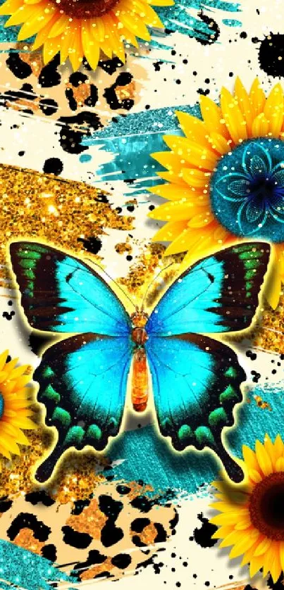 Blue butterfly with yellow sunflowers on vibrant artistic background.