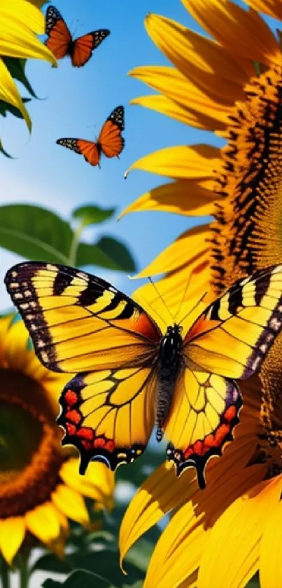 Colorful wallpaper of sunflowers and butterflies.