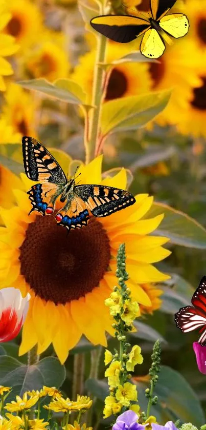 Vibrant sunflower wallpaper with butterflies and garden flowers.