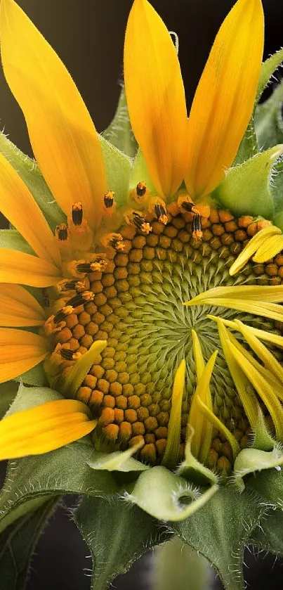 Close-up of a vibrant yellow sunflower with green leaves on a dark background.