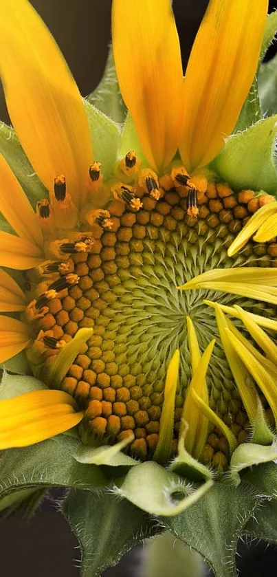 Close-up of a vibrant sunflower, showcasing its detailed petals and seeds.