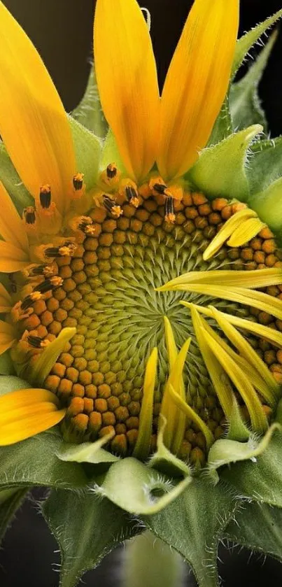 Close-up of a vibrant sunflower with intricate green leaves and yellow petals.