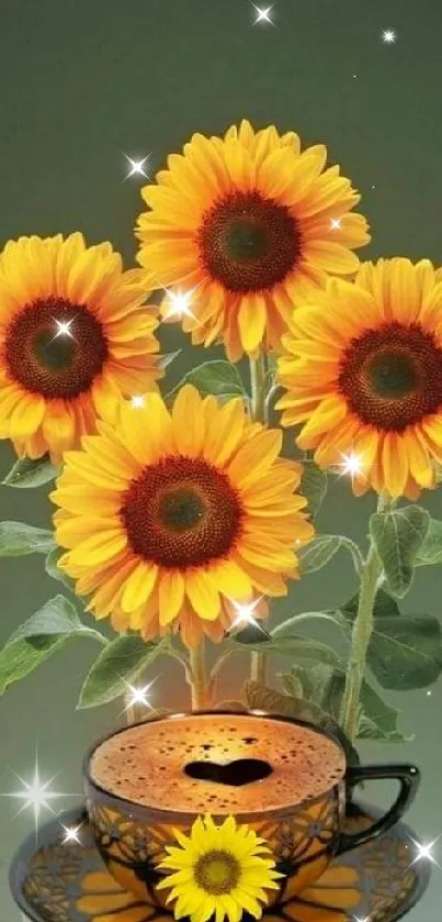 Vibrant sunflowers in a coffee cup on a lush green background.