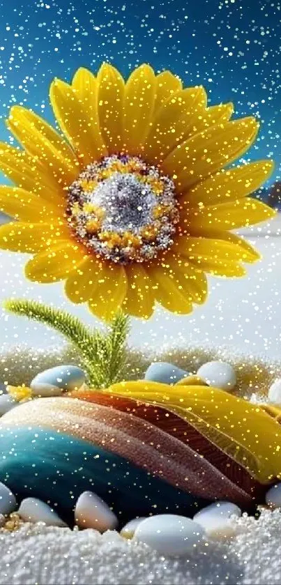 Sunflower in desert with stones and sand creating a peaceful scene.