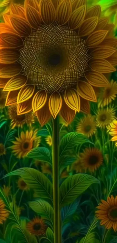 Vibrant sunflower wallpaper with green leaves and detailed petals.