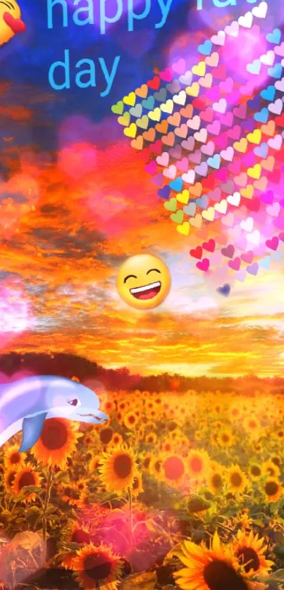 Vibrant sunflower field with emojis under a colorful sunset sky.