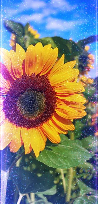 Vibrant sunflower against blue sky with lush green leaves.