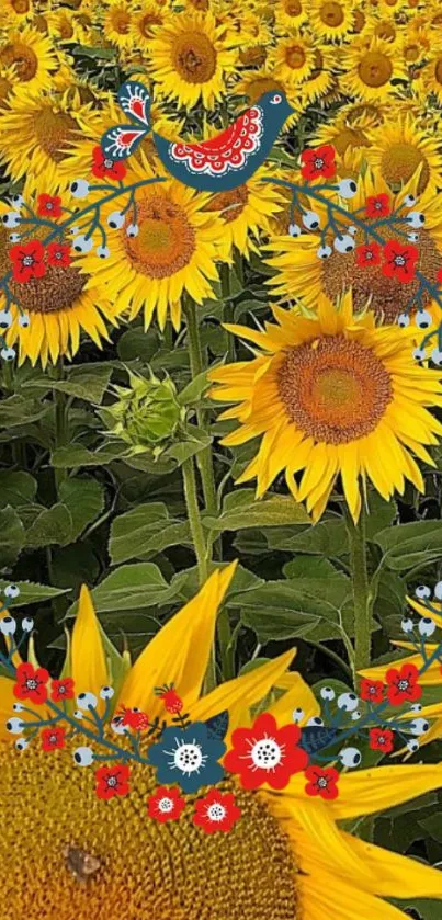 Colorful sunflower field with artistic floral accents.