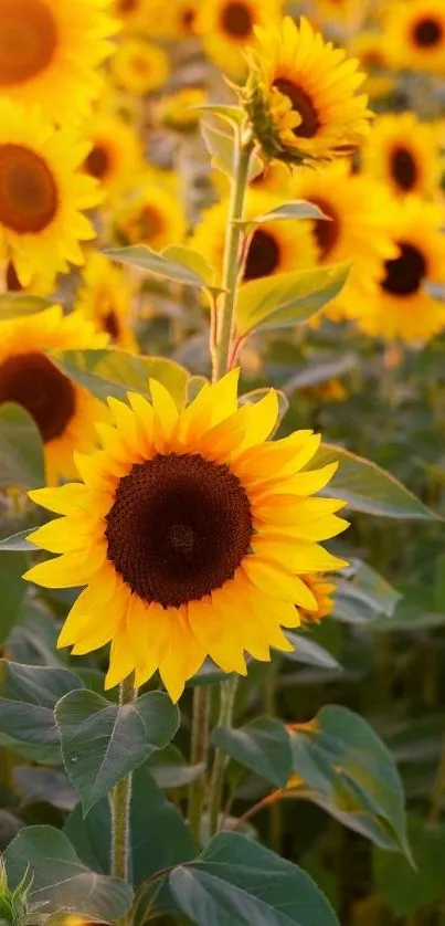 Vibrant field of blooming sunflowers under sunlight.