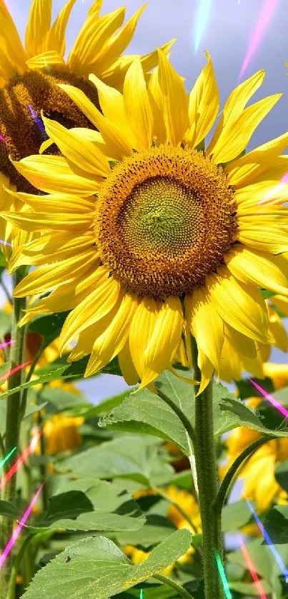 Vibrant sunflowers blooming against a blue sky in a lush, green field.