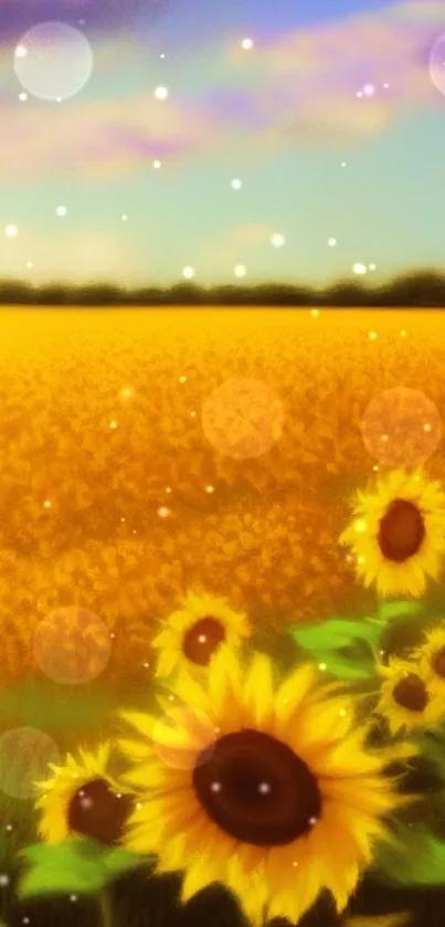 Vibrant sunflower field under a colorful sky mobile wallpaper.