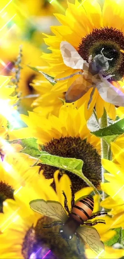 A vibrant sunflower field with buzzing bees, perfect for a bright, uplifting wallpaper.