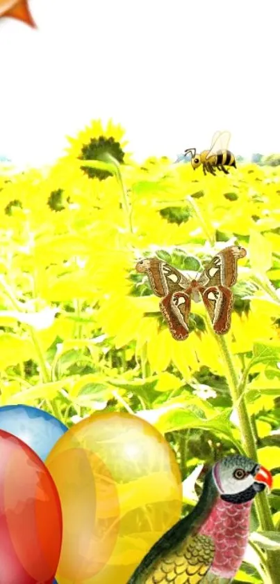 Bright sunflower field with balloons and wildlife on a sunny day.