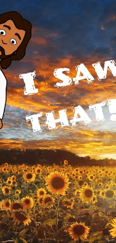 Cartoon character in a sunflower field at sunset.