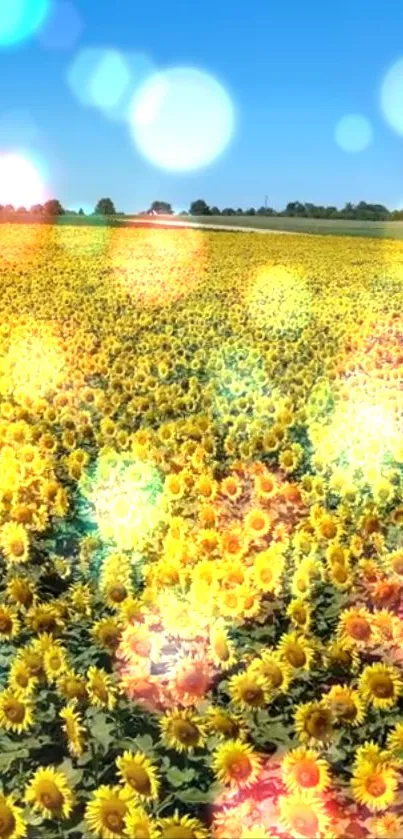 Sunflower field with bokeh lights under a bright blue sky.