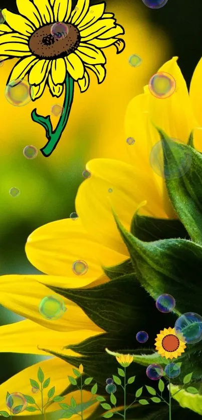 Vibrant sunflower wallpaper with cartoon details and bubbles.