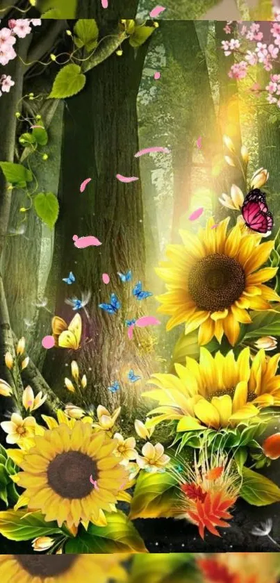 Vibrant forest wallpaper with sunflowers and butterflies.