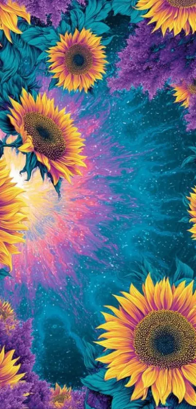 Sunflower and galaxy themed mobile wallpaper with vibrant colors.