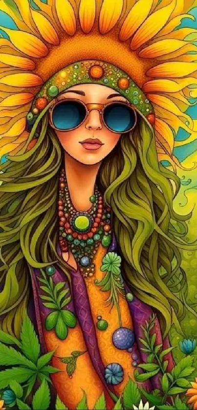 Vibrant sunflower girl illustration with bold, colorful design and artistic flair.