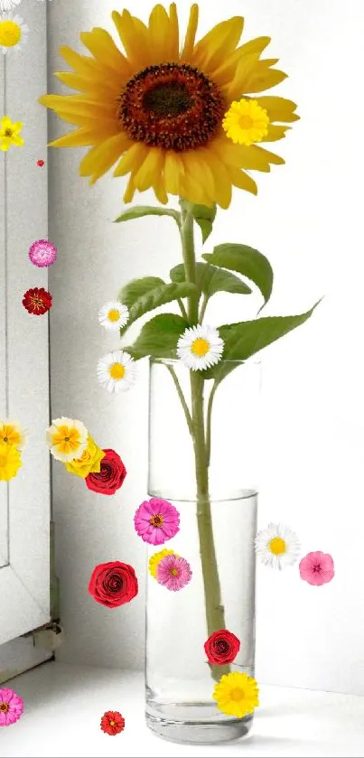 Sunflower in a glass vase by a window, showcasing elegance and simplicity.
