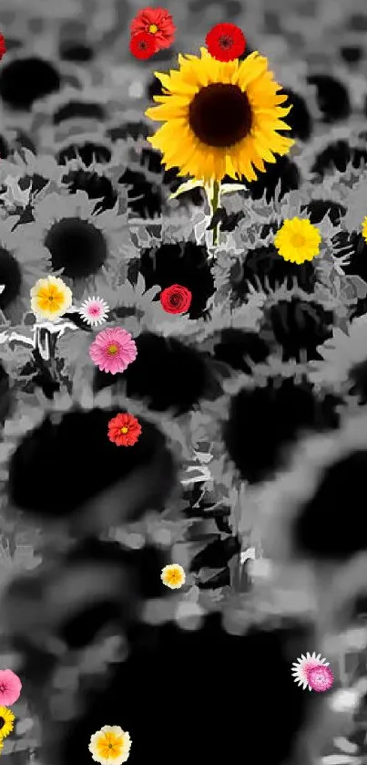 Vibrant yellow sunflower amid monochrome field.