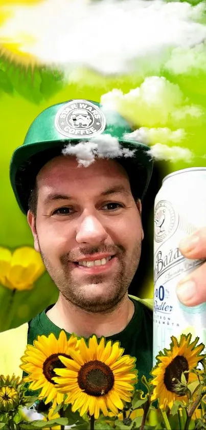 Smiling man in green hat with sunflowers and bright sky.