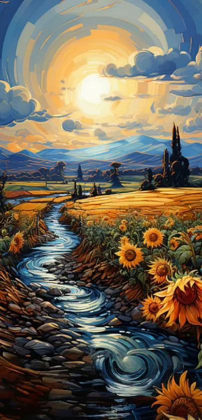 Vibrant sunflower field with river and sunset in artistic style.