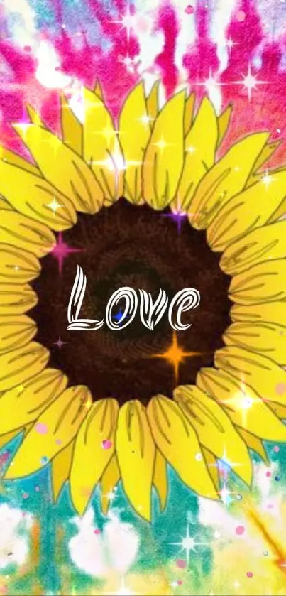 Sunflower with love text on vibrant tie-dye background wallpaper.