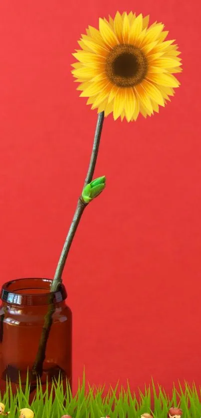 Red wallpaper with a sunflower in a vase and dancing children on grass.