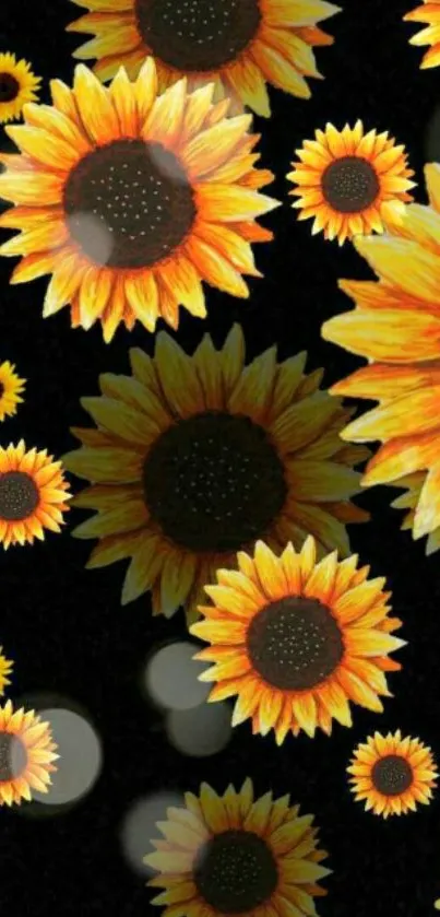 Vibrant sunflowers on black mobile wallpaper.