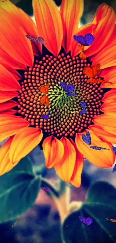 Vibrant sunflower with orange petals and green leaves.