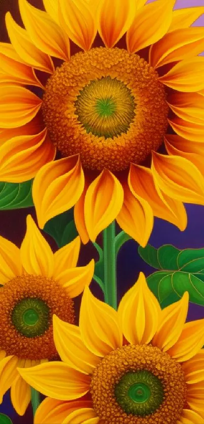 Vibrant sunflower wallpaper with bold yellow petals and green leaves.