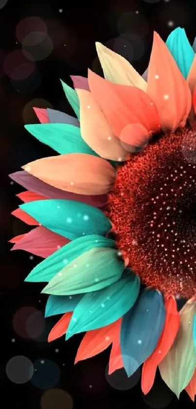 Colorful sunflower with vibrant petals on a dark background.