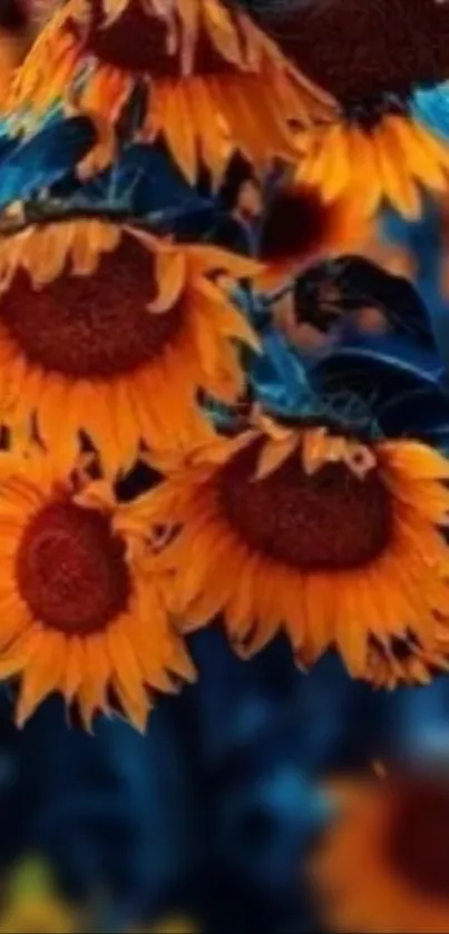 Vibrant orange sunflowers with deep blue background.