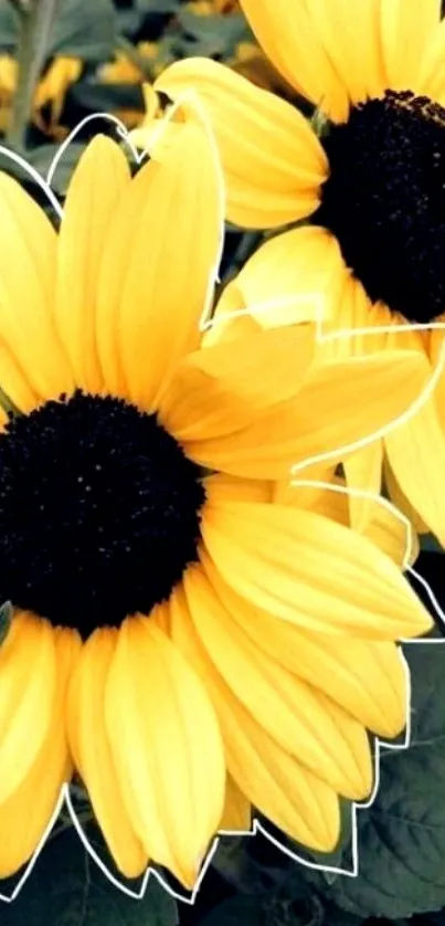 Vibrant sunflowers with yellow petals stand out against green leaves.