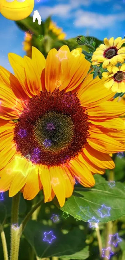 Vibrant sunflower wallpaper with smiley emojis for mobile.