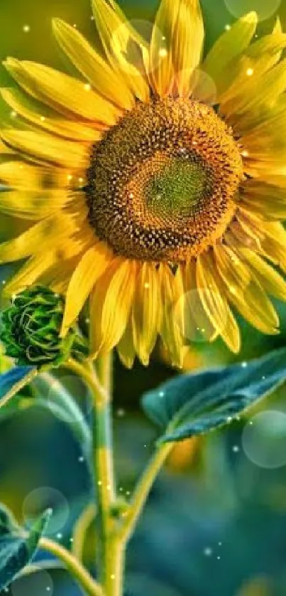 Vibrant yellow sunflower with green leaves mobile wallpaper.