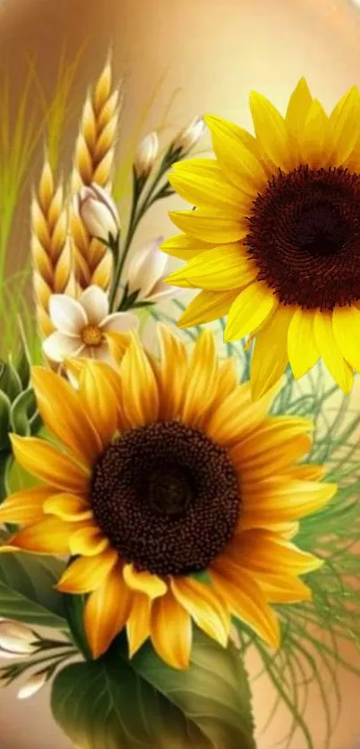 Vibrant sunflower wallpaper with golden blooms and lush greenery.